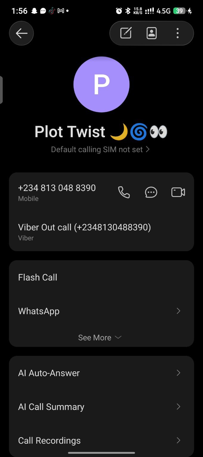 Phone contact screenshot showing the contact saved as Plot Twist with emojis